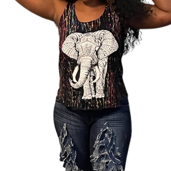 NWOT Loose Lucy's Colorful Elephant Illustration Art Tank Top M/L - Picture 2 of 9